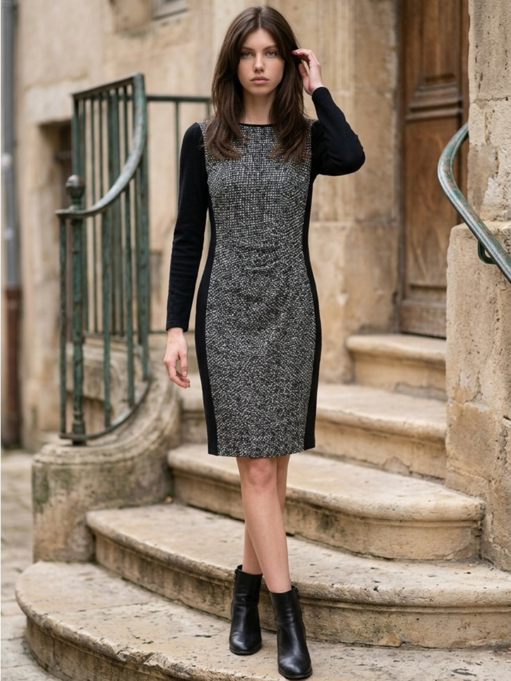Lauren Ralph Lauren Black and Gray Tweed Panel Long-Sleeve Sheath Dress